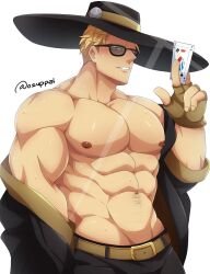 Rule 34 | 1boy, abs, bara, bare pectorals, blonde hair, blue eyes, blush, card, fingerless gloves, gloves, guilty gear, hat, holding, holding card, jack (playing card), johnny (guilty gear), kaiki (osuppai), large pectorals, looking at viewer, male focus, mature male, muscular, muscular male, navel, nipples, off shoulder, pectorals, playing card, seductive smile, short hair, smile, solo, sparse navel hair, strongman waist, sunglasses, sweat, undressing, very sweaty