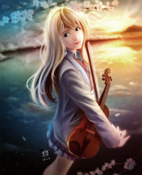 Rule 34 | 1girl, alternate eye color, aqua eyes, blonde hair, bow (music), cherry blossoms, chinese commentary, commentary request, dated, highres, instrument, leoncool724, long hair, long sleeves, miyazono kawori, outdoors, realistic, school uniform, shigatsu wa kimi no uso, solo, sunrise, violin