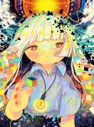 Rule 34 | 1girl, abstract, absurdres, antennae, blunt bangs, blush, cloud, collared shirt, cube, expressionless, glowing, hand up, highres, jewelry, looking at viewer, multicolored hair, nail polish, necklace, original, red eyes, red nails, shirt, short sleeves, sizucomaru, solo, upper body, white shirt