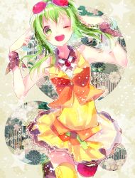 Rule 34 | 1girl, ;d, absurdres, belt, brooch, cropped vest, detached collar, dress, female focus, floral background, goggles, green eyes, green hair, gumi, highres, jewelry, matching hair/eyes, multicolor legwear, one eye closed, open mouth, short hair, short hair with long locks, skirt, sleeveless, smile, solo, tyanotya, vest, vocaloid, wink, wrist cuffs