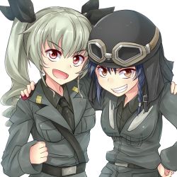 Rule 34 | 10s, 2girls, anchovy (girls und panzer), arm around neck, belt, black hair, black shirt, braid, brown eyes, dress shirt, drill hair, girls und panzer, green hair, grey jacket, grin, hair ribbon, hand on own hip, helmet, jacket, kitayama miuki, long hair, long sleeves, looking at viewer, military, military uniform, multiple girls, necktie, open mouth, pepperoni (girls und panzer), red eyes, ribbon, shirt, short hair, shoulder belt, side braid, simple background, smile, standing, twin drills, twintails, uniform, upper body, white background