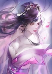 Rule 34 | 1girl, artist request, bare shoulders, breasts, chi lian (qin shi ming yue), closed mouth, dress, earrings, expressionless, hair bun, hand in own hair, hand up, highres, hoop earrings, jewelry, large breasts, long hair, long sleeves, looking to the side, qinshi mingyue, sash, second-party source, solo, tiara