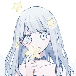 Rule 34 | 1girl, bare shoulders, blunt bangs, choker, collarbone, commentary request, covering own mouth, eyelashes, grey eyes, grey hair, head tilt, highres, long hair, maco22, original, pale color, portrait, simple background, solo, star (symbol), white background