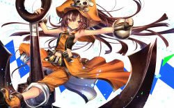 Rule 34 | 1girl, anchor, ankle boots, belt, boots, bracer, breasts, brown eyes, brown hair, clenched hand, crop top, fingerless gloves, gloves, guilty gear, hat, huge weapon, long hair, may (guilty gear), navel, orange hat, oro (sumakaita), pants, pants rolled up, pirate hat, sailor collar, showgirl skirt, skull and crossbones, sleeveless, small breasts, solo, twitter username, weapon