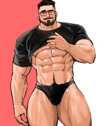 Rule 34 | 1boy, abs, bara, bare pectorals, beard, black-framed eyewear, black shirt, bulge, clothes lift, dopey (dopq), facial hair, feet out of frame, glasses, highres, large pectorals, lifting own clothes, looking at viewer, male focus, mature male, muscular, muscular male, navel, navel hair, nipples, no pants, one eye closed, original, pectorals, pubic hair, pubic hair peek, shirt, shirt lift, short hair, solo, stomach, thick thighs, thighs