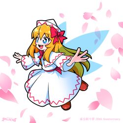 Rule 34 | 1girl, blonde hair, blue eyes, capelet, dress, fairy, fairy wings, full body, hair between eyes, hat, highres, lily white, long hair, long sleeves, open mouth, outstretched arms, perfect cherry blossom, petals, red footwear, shoes, simple background, smile, solidus (sword cube), solo, spread arms, teeth, touhou, upper teeth only, white background, white capelet, white dress, white hat, wings