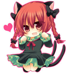 Rule 34 | 1girl, animal ears, bad id, bad pixiv id, blush, bow, braid, cat ears, cat girl, cat tail, chibi, dress, fang, female focus, green dress, hair bow, heart, jumping, kaenbyou rin, long sleeves, looking at viewer, multiple tails, nekomata, open mouth, red dress, red eyes, red hair, shikito (yawa0w0), simple background, smile, solo, tail, touhou, twin braids, white background