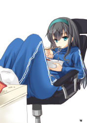 Rule 34 | 1girl, black hair, blue jacket, blue pants, breasts, brown-framed eyewear, chair, chize, chopsticks, closed mouth, cup ramen, eating, eyewear on head, glasses, green eyes, green hairband, hair between eyes, hairband, head tilt, holding, holding chopsticks, jacket, kantai collection, long hair, looking at viewer, no shoes, office chair, on chair, ooyodo (kancolle), pants, semi-rimless eyewear, simple background, small breasts, socks, soles, solo, swivel chair, track jacket, track pants, track suit, under-rim eyewear, very long hair, white background, white socks