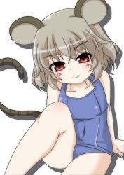Rule 34 | 1girl, alternate costume, animal ears, blush, brown eyes, collarbone, covered navel, female focus, grey hair, leg up, looking at viewer, masiromu, mouse ears, mouse tail, nazrin, one-piece swimsuit, school swimsuit, short hair, sitting, smile, solo, swimsuit, tail, touhou