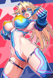 Rule 34 | 1girl, absurdres, blonde hair, blue eyes, breasts, clenched hand, commentary request, costume, covered erect nipples, covered navel, cowboy shot, fingerless gloves, foreshortening, gauntlets, gloves, gluteal fold, hair between eyes, highres, impossible clothes, impossible leotard, large breasts, legs apart, leotard, long hair, looking at viewer, mask, open mouth, original, partially visible vulva, puffy nipples, rakko (r2), revealing clothes, sandy bash, see-through, see-through leotard, skindentation, solo, star (symbol), teeth, thigh strap, thighhighs, toned, tongue