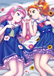 Rule 34 | 2girls, bare arms, bed sheet, blue dress, blue eyes, blue nails, blue neckerchief, bow, bow hairband, bowtie, brown hair, closed mouth, collarbone, dress, earrings, eye contact, flower, green bow, green eyes, green hairband, hair bow, hairband, highres, jewelry, laura la mer, layered dress, long hair, looking at another, lying, multiple girls, nail polish, natsuumi manatsu, neckerchief, on back, pink hair, precure, red bow, red bowtie, ring, sailor collar, sailor dress, shrimp1634, side ponytail, sleeveless, sleeveless dress, smile, tropical-rouge! precure, white sailor collar, yellow bow, yellow flower