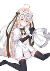 Rule 34 | 1girl, absurdres, ahoge, bell, bikini, bikini top only, black bikini, black gloves, black thighhighs, blush, bow, capelet, closed mouth, coffeedog, commentary request, elbow gloves, fate/grand order, fate (series), fur-trimmed capelet, fur trim, gloves, green bow, green ribbon, headpiece, highres, jeanne d&#039;arc (fate), jeanne d&#039;arc alter santa lily (fate), light brown hair, long hair, looking at viewer, no shoes, ribbon, sack, silver, simple background, solo, striped bow, striped ribbon, swimsuit, thighhighs, white background, white capelet, yellow eyes