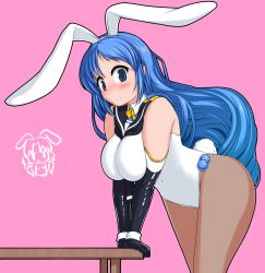 Rule 34 | 1girl, adapted costume, alternate breast size, animal ears, black gloves, black legwear, blue eyes, blue hair, blush, breasts, elbow gloves, gloves, jini ya1, kantai collection, large breasts, long hair, meme attire, navel, nipples, nose blush, pink background, rabbit ears, rabbit girl, rabbit tail, revealing clothes, reverse bunnysuit, reverse outfit, samidare (kancolle), simple background, solo, suzukaze (kancolle), swept bangs, table, tail, very long hair