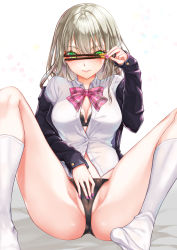 Rule 34 | 1girl, alto seneka, ass, black bra, black panties, blazer, blue jacket, bow, bowtie, bra, bra peek, cameltoe, closed mouth, colored eyelashes, commentary request, covering own eyes, food, green eyes, hand up, highres, holding, holding food, holding pocky, jacket, kneehighs, knees up, light brown hair, long hair, long sleeves, nail polish, no pants, no shoes, off shoulder, open clothes, open jacket, original, panties, pink bow, pink bowtie, pink nails, pocky, school uniform, shirt, simple background, sitting, smile, socks, solo, spread legs, underwear, white background, white shirt, white socks, wing collar