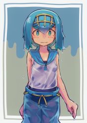 Rule 34 | 1girl, big anteater, blue eyes, blue hair, blue pants, blue sailor collar, blush, breasts, closed mouth, commentary request, creatures (company), game freak, gold hairband, hairband, highres, lana (pokemon), looking at viewer, nintendo, no sclera, one-piece swimsuit, pants, pokemon, pokemon sm, raised eyebrows, sailor collar, shirt, sleeveless, sleeveless shirt, solo, swimsuit, swimsuit under clothes, tearing up, trial captain, wavy mouth, wet, wet clothes, wet hair