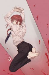Rule 34 | 1girl, ass, back, barefoot, braid, braided ponytail, breasts, brown eyes, brown hair, chainsaw man, feet, k52, long hair, looking at viewer, makima (chainsaw man), necktie, office lady, ponytail, single braid, soles, solo, toes