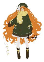Rule 34 | 1girl, boots, bow, bowtie, brown footwear, brown gloves, coat, frilled coat, frills, full body, gloves, green coat, green hat, hat, hat bow, highres, ishmael (project moon), limbus company, long hair, long sleeves, looking at viewer, orange hair, project moon, senichi, simple background, solo, very long hair, white background, white bow, yellow bow, yellow bowtie