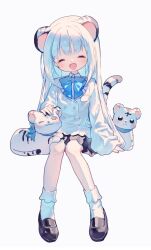 Rule 34 | 1girl, :d, ^ ^, animal, animal ears, black footwear, black skirt, blue bow, bobby socks, bow, closed eyes, collared shirt, commentary, facing viewer, full body, grey background, highres, indie virtual youtuber, jacket, loafers, long hair, mechuragi, myoya (vtuber), open mouth, petting, pleated skirt, shirt, shoes, simple background, sitting, skirt, smile, socks, solo, symbol-only commentary, tail, tiger, tiger ears, tiger girl, tiger tail, very long hair, virtual youtuber, white hair, white jacket, white shirt, white socks, white tiger