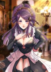 Rule 34 | 1girl, alternate costume, breasts, bridal gauntlets, cleavage, cosplay, double bun, eva02marina0, felicia (fire emblem), felicia (fire emblem) (cosplay), fire emblem, fire emblem fates, gluteal fold, hair bun, large breasts, long hair, looking at viewer, maid, nintendo, orochi (fire emblem), purple hair, smile, solo