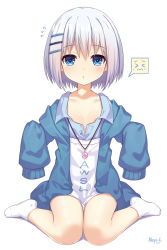 Rule 34 | &gt; &lt;, 1girl, :o, age regression, aged down, blue eyes, blue jacket, blue shirt, blush, closed eyes, closed mouth, collarbone, collared shirt, date a live, dated, dress shirt, flying sweatdrops, full body, hair between eyes, hair ornament, hairclip, highres, jacket, long sleeves, neps-l, no shoes, open clothes, open jacket, parted lips, shirt, short hair, signature, silver hair, simple background, sitting, sleeves past fingers, sleeves past wrists, socks, solo, spoken expression, tobiichi origami, wariza, wavy mouth, white background, white socks