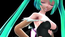 Rule 34 | 1girl, 3d, animated, audible music, bat wings, bouncing breasts, breasts, capcom, cleavage, cosplay, dancing, green eyes, green hair, hand on own hip, hatsune miku, large breasts, legs, leotard, looking at viewer, morrigan aensland (cosplay), open mouth, solo, sound, tagme, thighs, twintails, vampire (game), video, vocaloid, wings