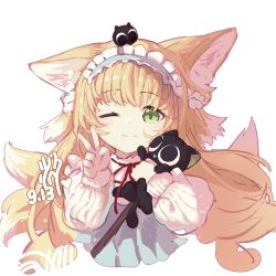 Rule 34 | 1girl, ;), absurdres, animal, animal ear fluff, animal ears, arknights, black cat, blonde hair, blue dress, blue hairband, cat, closed mouth, commentary request, cropped torso, dress, fox ears, fox girl, fox tail, frilled hairband, frills, green eyes, hairband, heixiu, highres, holding, holding animal, long hair, long sleeves, looking at viewer, luo xiaohei, neck ribbon, okasaki ushio (03103335), one eye closed, puffy long sleeves, puffy sleeves, red ribbon, ribbon, shirt, simple background, sleeves past wrists, smile, suzuran (arknights), suzuran (praise spring) (arknights), suzuran (spring praise) (arknights), tail, luo xiaohei zhanji, upper body, v, white background, white shirt