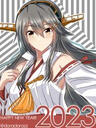 Rule 34 | 1girl, 2023, absurdres, black hair, detached sleeves, hair ornament, hairclip, happy birthday, haruna (kancolle), headgear, highres, japanese clothes, kantai collection, long hair, looking at viewer, nontraditional miko, original, original remodel (kantai collection), popped collar, ribbon-trimmed sleeves, ribbon trim, roko roko (doradorazz), solo, striped, striped background, upper body