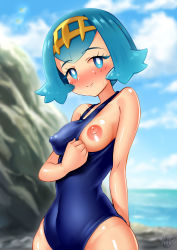 Rule 34 | 1girl, bare arms, beach, blue eyes, blue hair, blue one-piece swimsuit, blush, breasts, covered erect nipples, covered navel, creatures (company), day, flashing, game freak, hair ornament, half-closed eyes, highres, lana (pokemon), looking at viewer, mochizuki mochio, naughty face, nintendo, nipples, one-piece swimsuit, one breast out, pokemon, pokemon sm, puffy nipples, school swimsuit, short hair, sky, small breasts, smile, solo, standing, swimsuit, trial captain
