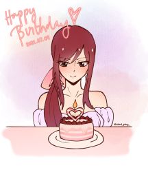 Rule 34 | 1girl, bare shoulders, birthday cake, cake, erza scarlet, fairy tail, food, long hair, red hair