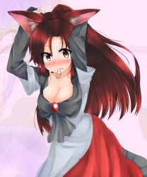 Rule 34 | 1girl, adjusting hair, animal ears, arms up, blush, breasts, cleavage, dress, fang, imaizumi kagerou, large breasts, long hair, mouth hold, ponytail, red eyes, red hair, ribbon, solo, touhou, tsukui kachou, tying hair, very long hair, wolf ears