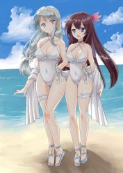 Rule 34 | 2girls, asymmetrical bangs, beach, blue sky, breasts, brown hair, casual one-piece swimsuit, choker, cleavage, cloud, commentary request, commission, commissioner upload, cosplay, criss-cross halter, cross-laced clothes, cross-laced one-piece swimsuit, day, earrings, flower, food-themed earrings, food themed earrings, frilled one-piece swimsuit, frilled swimsuit, frills, grey hair, hair flower, hair ornament, hairband, halterneck, highleg, highleg swimsuit, horizon, jewelry, kantai collection, kisaragi (kancolle), kitagawa mikio, lemon earrings, long hair, matching outfits, medium breasts, multiple girls, ocean, official alternate costume, one-piece swimsuit, outdoors, purple eyes, sagiri (kancolle), sagiri (kancolle) (cosplay), shawl, side-tie swimsuit, sky, swept bangs, swimsuit, bridal garter, toeless footwear, white choker, white one-piece swimsuit, white shawl