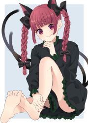 Rule 34 | 1girl, animal ears, bad feet, black bow, blunt bangs, blush, bow, braid, cat ears, cat tail, closed mouth, dress, extra ears, foot focus, full body, green dress, grey background, hair bow, hand up, highres, kaenbyou rin, long hair, looking at viewer, multiple tails, nail polish, nekomata, red eyes, red hair, red nails, simple background, sitting, smile, soles, solo, stigma1101, tail, toes, touhou, twin braids, twintails, two tails