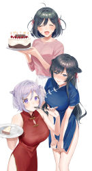 Rule 34 | 3girls, absurdres, ahoge, bare shoulders, black hair, blue dress, blue eyes, breasts, cake, china dress, chinese clothes, closed mouth, commentary request, dress, dress tug, drill hair, eating, facing viewer, food, fork, hair between eyes, hair ornament, hair ribbon, heart, heart hair ornament, highres, holding, holding fork, holding plate, large breasts, long hair, multiple girls, open mouth, original, pink shirt, plate, purple eyes, red dress, red ribbon, ribbon, shirt, short hair, short sleeves, shorts, side slit, simple background, sinomi, sleeveless, sleeveless dress, smile, standing, strawberry shortcake, white background, white shorts