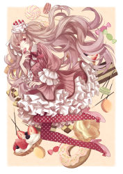 Rule 34 | 1girl, arm up, blueberry, bow, brown hair, cake, cake hat, candy, checkerboard cookie, cookie, cream puff, doughnut, dress, eating, food, frilled dress, frills, fruit, hair ribbon, hat, lollipop, mini hat, mini top hat, open mouth, original, pantyhose, patterned legwear, petticoat, pink dress, pink eyes, pink hair, pocky, polka dot, polka dot legwear, red pantyhose, ribbon, shirt, solo, sprinkles, strawberry, striped clothes, striped dress, tart (food), top hat, wrapped candy, yuzuki karu