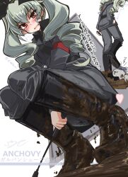 Rule 34 | !?, 1girl, 1other, absurdres, anchovy (girls und panzer), anzio military uniform, belt, black belt, black footwear, black necktie, black ribbon, black shirt, blush, boots, cellphone, commentary request, dirty footwear, dress shirt, drill hair, girls und panzer, green hair, grey jacket, grey pants, hair ribbon, highres, holding, holding phone, holding riding crop, isofude, jacket, knee boots, long hair, long sleeves, looking at viewer, military, military uniform, mud, necktie, open mouth, pants, partial commentary, phone, red eyes, ribbon, riding crop, sam browne belt, shirt, smartphone, smile, squatting, standing, sweatdrop, translated, twin drills, twintails, uniform, walking, wing collar