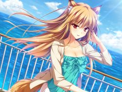 Rule 34 | 1girl, animal ears, blonde hair, blush, bow, breasts, cleavage, fox ears, frills, game cg, highres, jacket, large breasts, looking at viewer, miyama kon, mole, ocean, otomimi infinity, outdoors, red eyes, sky, solo, tail, water