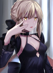 Rule 34 | 1girl, absurdres, artoria pendragon (all), artoria pendragon (fate), blonde hair, blurry, blurry background, blush, breasts, choker, cleavage, commentary request, dress, fate/grand order, fate/stay night, fate (series), hair between eyes, hair bun, highres, long hair, looking at viewer, saber alter, shadow, sii artatm, single hair bun, small breasts, tongue, tongue out, upper body, yellow eyes