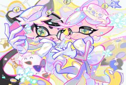 Rule 34 | 2girls, black hair, bow-shaped hair, callie (splatoon), cousins, dress, earrings, fang, gloves, grey hair, highres, holding, holding phone, inkling, jewelry, jumpsuit, marie (splatoon), multiple girls, nintendo, official alternate costume, open mouth, pantyhose, phone, scarf, short hair, skin fang, smile, splatoon (series), splatoon 3, star-shaped pupils, star (symbol), strapless, strapless dress, symbol-shaped pupils, taking picture, tentacle hair, twintails, white dress, white gloves, white jumpsuit, white pantyhose, white scarf, xiaoyunatie, yellow eyes