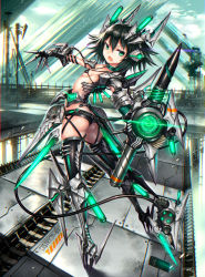 Rule 34 | 1girl, arched back, ass, ballet boots, black hair, breasts, bridge, claw (weapon), garter straps, gauntlets, gia, highres, jitome, looking back, mecha musume, open mouth, original, pile bunker, science fiction, short hair, short shorts, shorts, sideboob, small breasts, solo, thighhighs, weapon