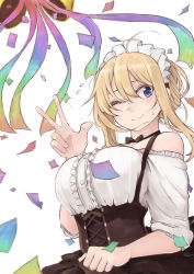 Rule 34 | 1girl, ;), absurdres, bare shoulders, bell, black bow, black bowtie, blonde hair, blue eyes, bow, bowtie, breasts, confetti, flying sweatdrops, frilled shirt, frills, hair between eyes, hand up, highres, kinpatsu-chan (rucchiifu), large breasts, looking at viewer, maid, maid headdress, milestone celebration, off shoulder, one eye closed, original, rucchiifu, shirt, simple background, smile, solo, streamers, sweatdrop, underbust, v, white background