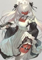 Rule 34 | 1girl, apron, black dress, breasts, dark-skinned female, dark skin, dress, frilled apron, frills, gloves, gun, hair over eyes, handgun, highres, holding, holding tray, lack, long hair, long sleeves, maid, maid apron, maid headdress, medium breasts, original, pistol, solo, syringe, thigh strap, thighhighs, tray, twintails, very long hair, weapon, white apron, white gloves, white hair, white thighhighs