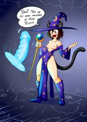 Rule 34 | absurdres, animal ears, breasts, brown eyes, brown hair, cat ears, cat girl, cat tail, dahs, disembodied penis, exposed chest, highres, magic circle, medium breasts, nathy, penis, petite, robe, short hair, small breast, staff, tail, thighs, witch