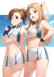 Rule 34 | 2girls, :d, absurdres, arm around neck, blonde hair, blue eyes, bottle, breasts, brown eyes, brown hair, cleavage, commentary request, contrapposto, cowboy shot, crop top, hand on own hip, highres, idolmaster, idolmaster cinderella girls, large breasts, long hair, matsumoto sarina, medium breasts, midriff, miniskirt, mizuki seira, multiple girls, navel, onao, one side up, open mouth, parted bangs, short hair, short ponytail, sidelocks, simple background, skirt, smile, v-neck, water bottle, wristband