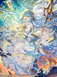 Rule 34 | 1girl, anklet, azura (fire emblem), barefoot, blue hair, blue ribbon, breasts, debris, dress, elbow gloves, energy, fingerless gloves, fire emblem, fire emblem cipher, fire emblem fates, gloves, holding, holding spear, holding weapon, jewelry, lantern, long hair, looking at viewer, medium breasts, music, nintendo, official art, parted lips, pendant, polearm, ribbon, ruins, singing, single leg pantyhose, smile, solo, spear, strapless, strapless dress, thighlet, umiu geso, veil, very long hair, water, weapon, white dress, yellow eyes