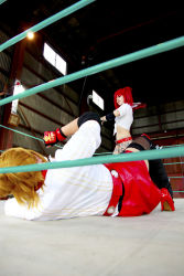Rule 34 | 2girls, arena, blonde hair, boxing ring, breasts, candy cane (rumble roses), candy cane (rumble roses) (cosplay), chouzuki maryou, cleavage, cosplay, fingerless gloves, gloves, guitar, highres, instrument, large breasts, miss spencer, miss spencer (cosplay), multiple girls, photo (medium), red hair, rumble roses, rumble roses xx, suzuka itsuki