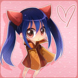 Rule 34 | 1girl, barefoot, blue hair, blush, brown eyes, chibi, cosplay, fairy tail, fuchise, heart, high collar, long hair, lowres, mest gryder, oversized clothes, sleeves past wrists, solo, twintails, wendy marvell