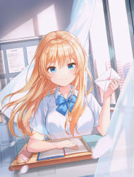 Rule 34 | 0v0 (l seohui), 1girl, absurdres, blonde hair, blue eyes, bow, bowtie, breasts, buttons, classroom, collared shirt, curtains, day, desk, dress shirt, envelope, floating hair, hair between eyes, hand up, highres, holding, indoors, long hair, looking at viewer, medium breasts, notebook, original, school desk, school uniform, shirt, short sleeves, smile, solo, white shirt, window