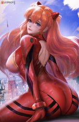 Rule 34 | 1girl, alternate breast size, arched back, ass, bare back, blue eyes, blue sky, blush, bodysuit, breasts, closed mouth, curvy, day, from behind, highres, large breasts, long hair, looking at viewer, looking back, neon genesis evangelion, orange hair, patreon logo, patreon username, plugsuit, red bodysuit, seductive smile, sideboob, sitting, sky, smile, solo, souryuu asuka langley, thick thighs, thighs, transmission tower, turewindwalker