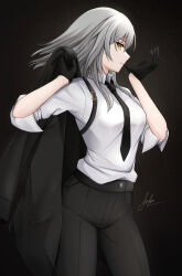 Rule 34 | 1girl, absurdres, alternate costume, aoikito lavender086, biting, black background, black gloves, black jacket, black necktie, black pants, breasts, buttons, commentary, cowboy shot, english commentary, glove biting, gloves, grey hair, highres, holding, holding clothes, holding jacket, honkai: star rail, honkai (series), jacket, long hair, looking at viewer, medium breasts, necktie, pants, pocket, profile, shirt, signature, sleeves rolled up, solo, stelle (honkai: star rail), trailblazer (honkai: star rail), unworn jacket, white shirt, yellow eyes
