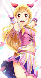 Rule 34 | 1girl, :d, aikatsu!, aikatsu! (series), armpits, arms up, bare legs, bare shoulders, bell, blonde hair, bow, close-up, commentary, cowboy shot, crop top, detached sleeves, hair bow, hoshimiya ichigo, idol, itouchaba, layered skirt, long hair, looking at viewer, midriff, navel, open mouth, petals, red bow, red eyes, round teeth, simple background, skirt, sleeveless, smile, solo, star (symbol), stomach, teeth, upper teeth only, white background